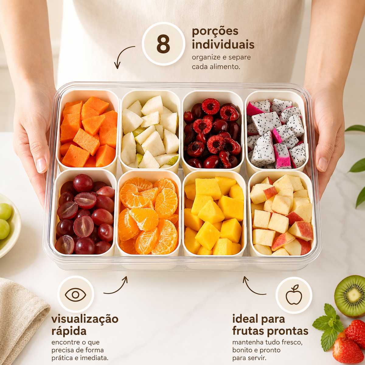 Organizador de Alimento Acrílico Com 8 Divisórias Para Frutas Legumes e Petiscos Transparente