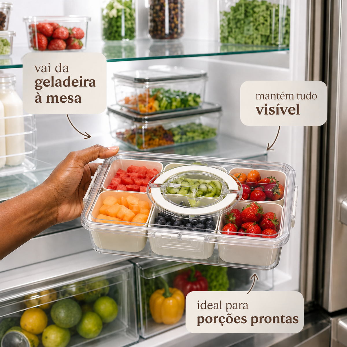 Organizador de Alimento Acrílico Com 8 Divisórias Para Frutas Legumes e Petiscos Transparente