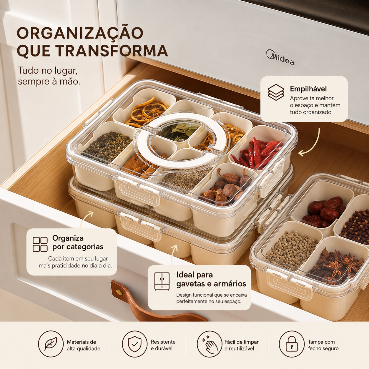 Organizador de Alimento Acrílico Com 8 Divisórias Para Frutas Legumes e Petiscos Transparente