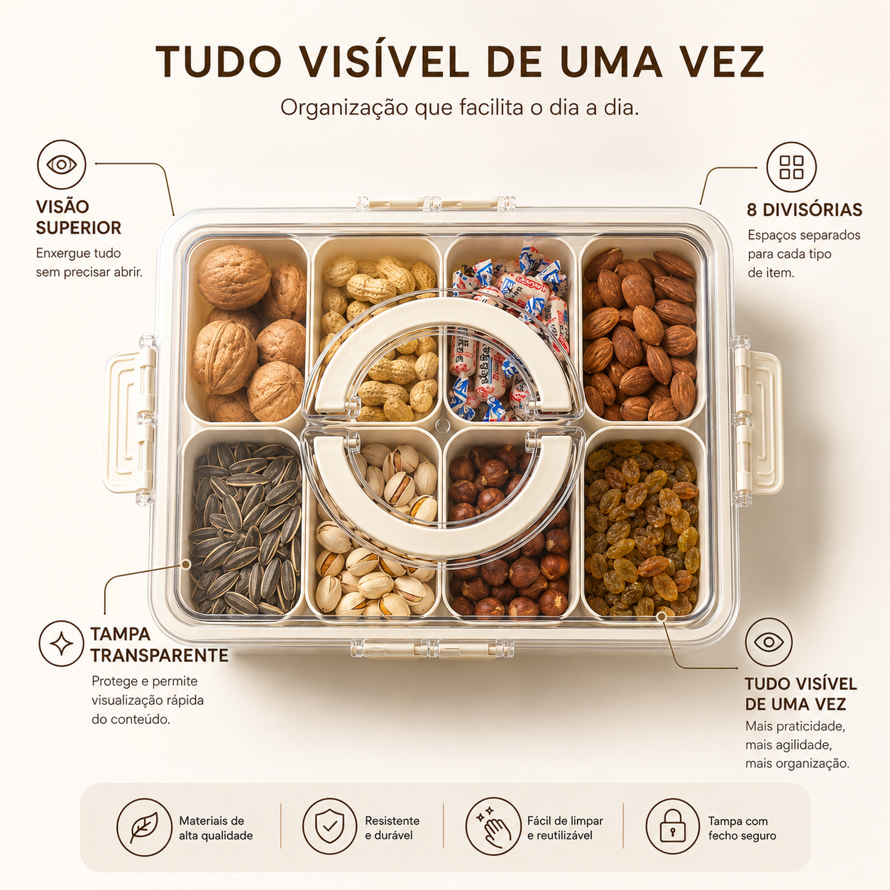 Organizador de Alimento Acrílico Com 8 Divisórias Para Frutas Legumes e Petiscos Transparente